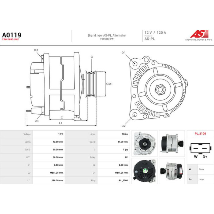 A0119 AS-PL Lichtmaschine (Generator) A0119 A0119 AS-PL Lichtmaschine (Generator) A0119