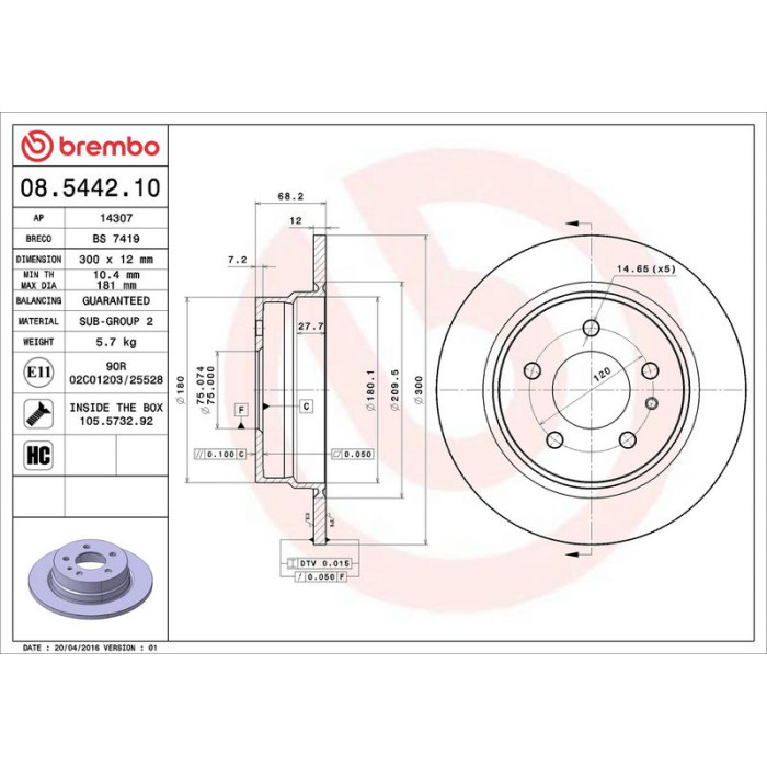Brembo Bremsscheibe Hinterachse 08.5442.10 Brembo Bremsscheibe Hinterachse 08.5442.10