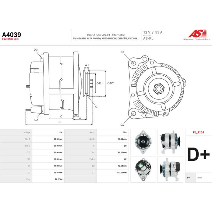 A4039 AS-PL Lichtmaschine (Generator) A4039 A4039 AS-PL Lichtmaschine (Generator) A4039