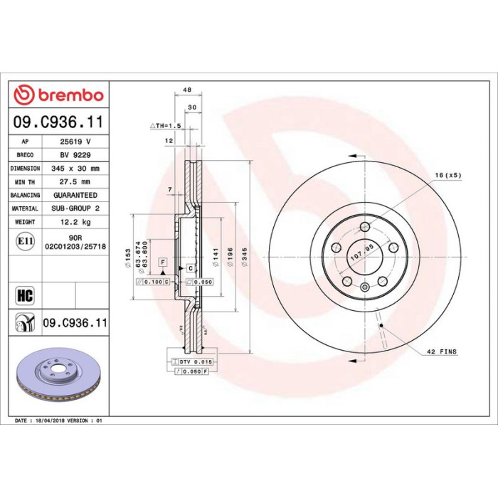 Brembo Bremsscheibe Vorderachse 09.C936.11 Brembo Bremsscheibe Vorderachse 09.C936.11