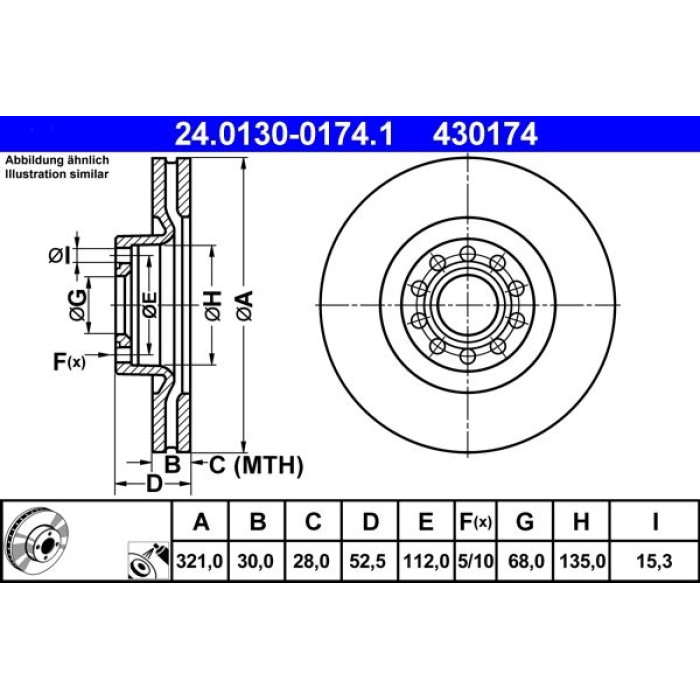 ATE Bremsscheibe Audi S. A6 4.2 quattro 98-05 24.0130-0174.1 ATE Bremsscheibe Audi S. A6 4.2 quattro 98-05 24.0130-0174.1