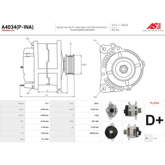 A4034(P-INA) AS-PL Lichtmaschine (Generator) A4034(P-INA)
