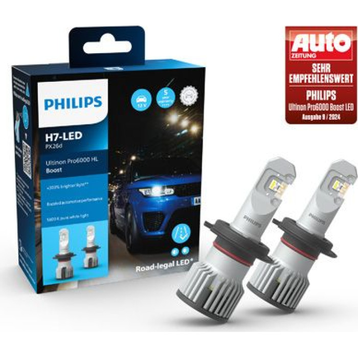 H7 12V 20W Ultinon Pro6000 Boost 5800K +300% mit Straßenzulassung 2 Stück Philips 11972U60BX2