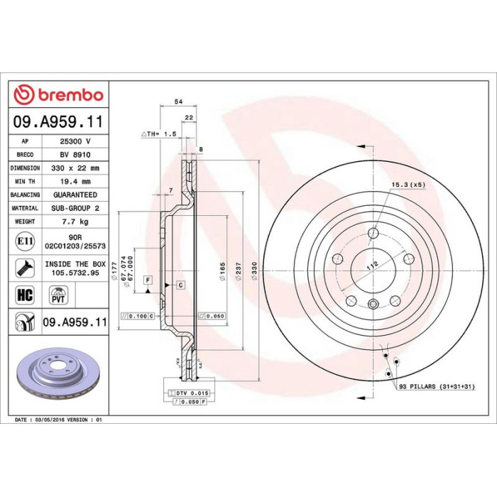 Brembo Bremsscheibe Hinterachse 09.A959.11 Brembo Bremsscheibe Hinterachse 09.A959.11