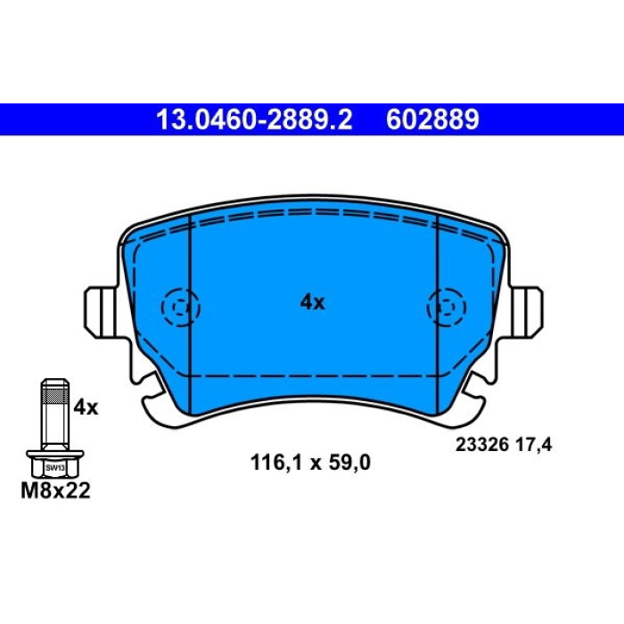 ATE Bremsbelagsatz VW Hinterachse A4/A6/A8/T5 Ohne Sensor 13.0460-2889.2 ATE Bremsbelagsatz VW Hinterachse A4/A6/A8/T5 Ohne Sensor 13.0460-2889.2