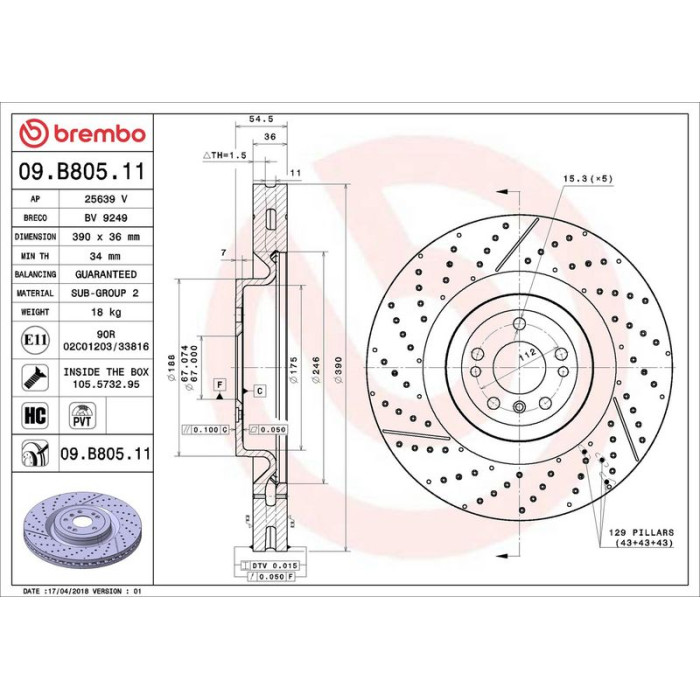 Brembo Bremsscheibe Vorderachse 09.B805.11 Brembo Bremsscheibe Vorderachse 09.B805.11