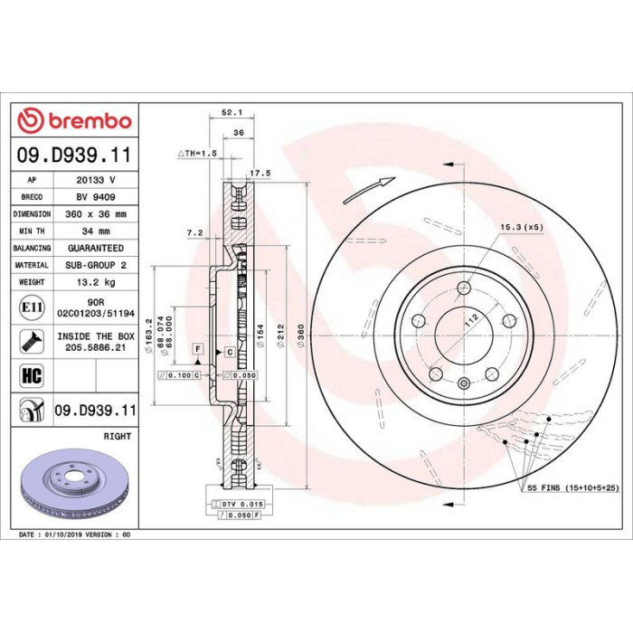 Brembo Bremsscheibe Vorderachse rechts 09.D939.11 Brembo Bremsscheibe Vorderachse rechts 09.D939.11