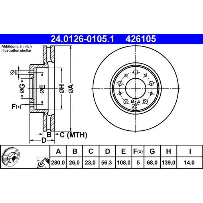ATE Bremsscheibe Volvo S. 740/940/960 84-98 24.0126-0105.1 ATE Bremsscheibe Volvo S. 740/940/960 84-98 24.0126-0105.1
