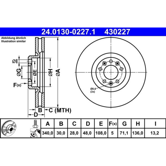 ATE Bremsscheibe Citroen Vorderachse C5/C6 2.0-3.0Hdi 09 24.0130-0227.1 ATE Bremsscheibe Citroen Vorderachse C5/C6 2.0-3.0Hdi 09 24.0130-0227.1