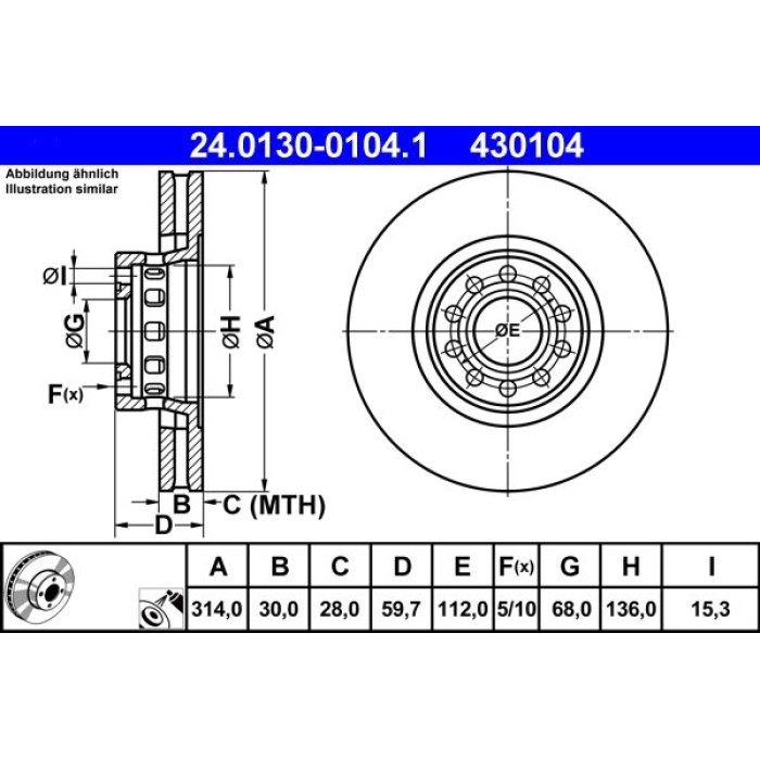 ATE Bremsscheibe Audi S. A6/A8 2.8-4.2 94-02 24.0130-0104.1 ATE Bremsscheibe Audi S. A6/A8 2.8-4.2 94-02 24.0130-0104.1