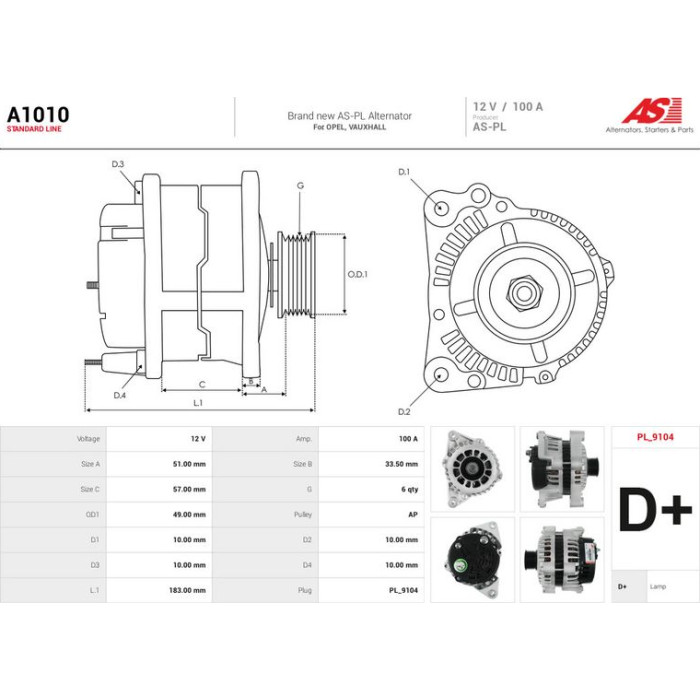 A1010 AS-PL Lichtmaschine (Generator) A1010 A1010 AS-PL Lichtmaschine (Generator) A1010