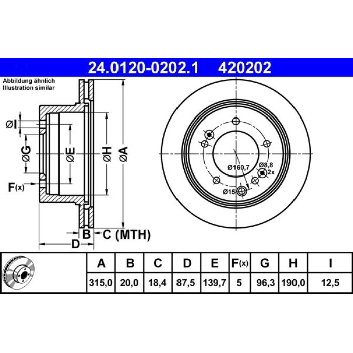 ATE Bremsscheibe Kia Hinterachse Sorento 2.4-3.5 02 24.0120-0202.1 ATE Bremsscheibe Kia Hinterachse Sorento 2.4-3.5 02 24.0120-0202.1