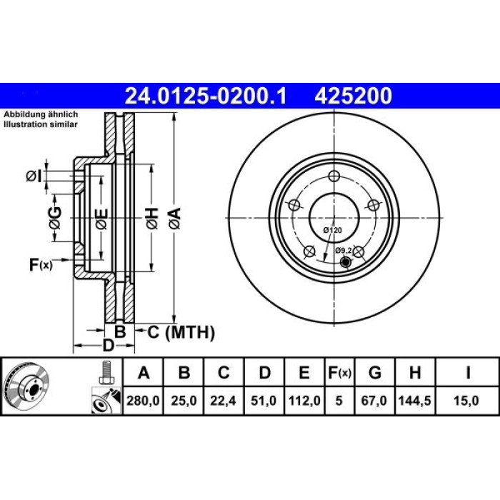 ATE Bremsscheibe Mercedes-Benz Vorderachse W246/W176 1, 5-1, 8 11 24.0125-0200.1 ATE Bremsscheibe Mercedes-Benz Vorderachse W246/W176 1, 5-1, 8 11 24.0125-0200.1