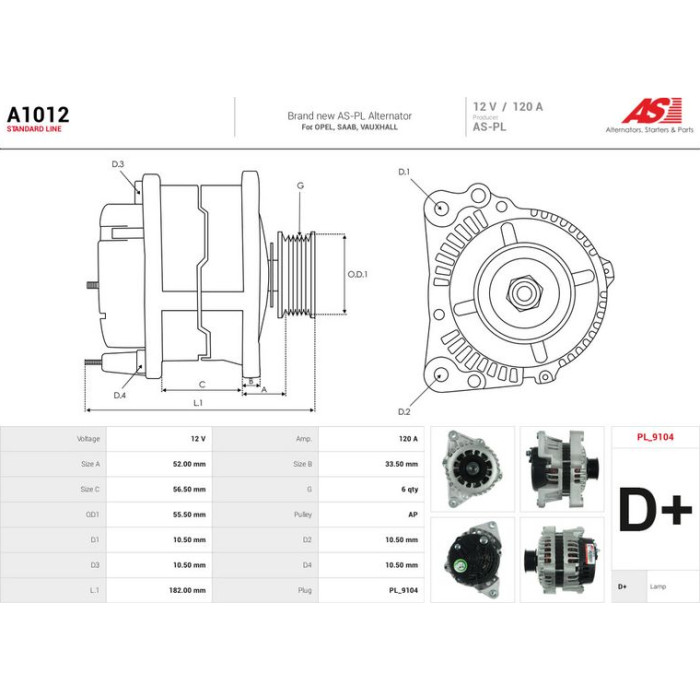 A1012 AS-PL Lichtmaschine (Generator) A1012 A1012 AS-PL Lichtmaschine (Generator) A1012