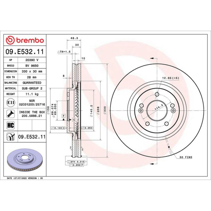 Brembo Bremsscheibe Vorderachse 09.E532.11 Brembo Bremsscheibe Vorderachse 09.E532.11