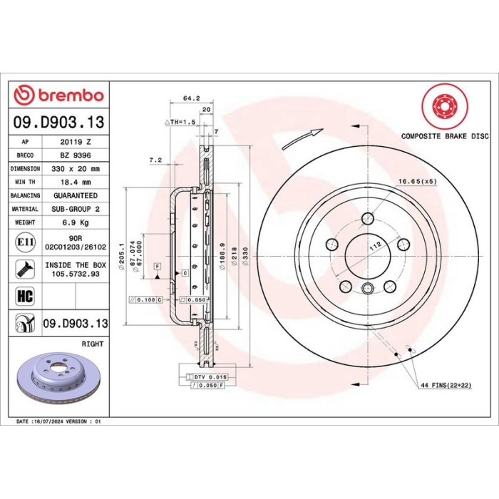 Brembo Bremsscheibe Hinterachse rechts 09.D903.13 Brembo Bremsscheibe Hinterachse rechts 09.D903.13