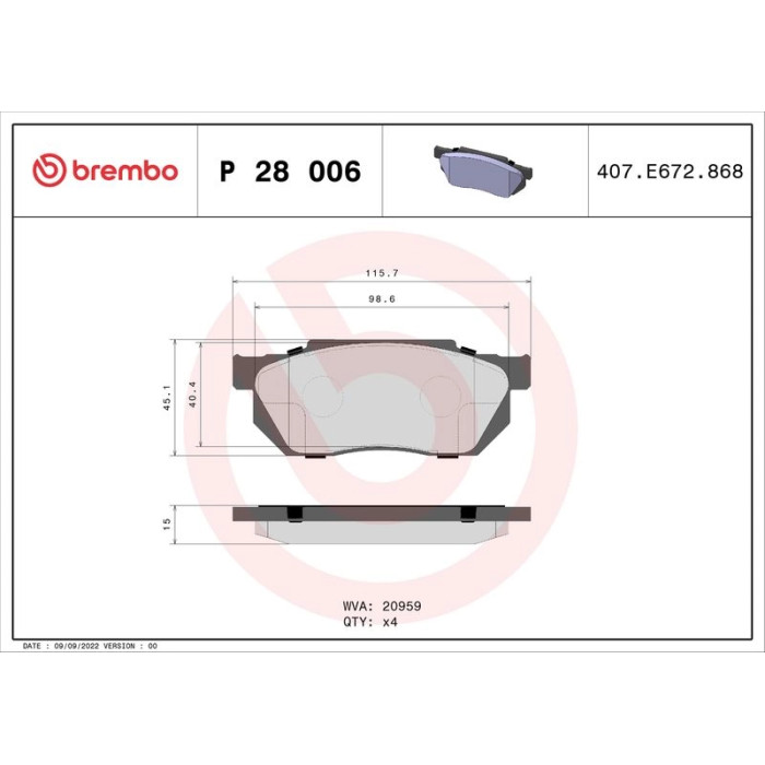 P 28 006 Brembo Prime Bremsbelagsatz Vorderachse – P 28 006 – 116 x 45 x 15 mm – Bremssystem Akebono – OE Nummer 45022SA7951 P 28 006 Brembo Prime Bremsbelagsatz Vorderachse – P 28 006 – 116 x 45 x 15 mm – Bremssystem Akebono – OE Nummer 45022SA7951
