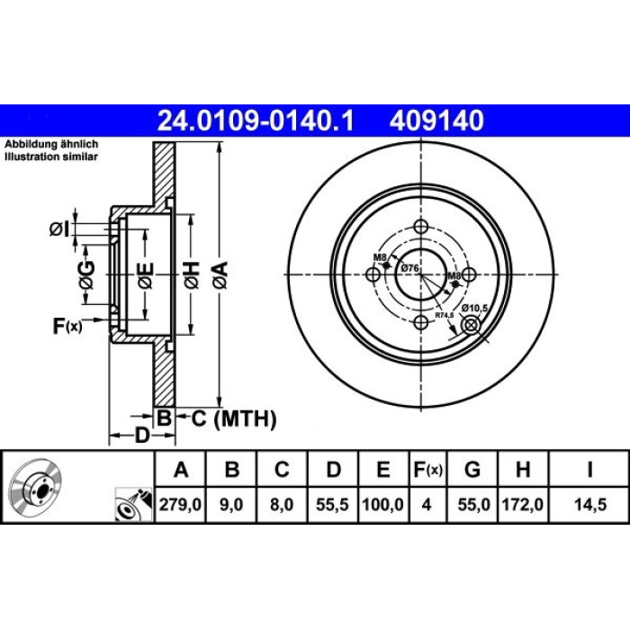 ATE Bremsscheibe Toyota Hinterachse Corolla 02-07 24.0109-0140.1 ATE Bremsscheibe Toyota Hinterachse Corolla 02-07 24.0109-0140.1