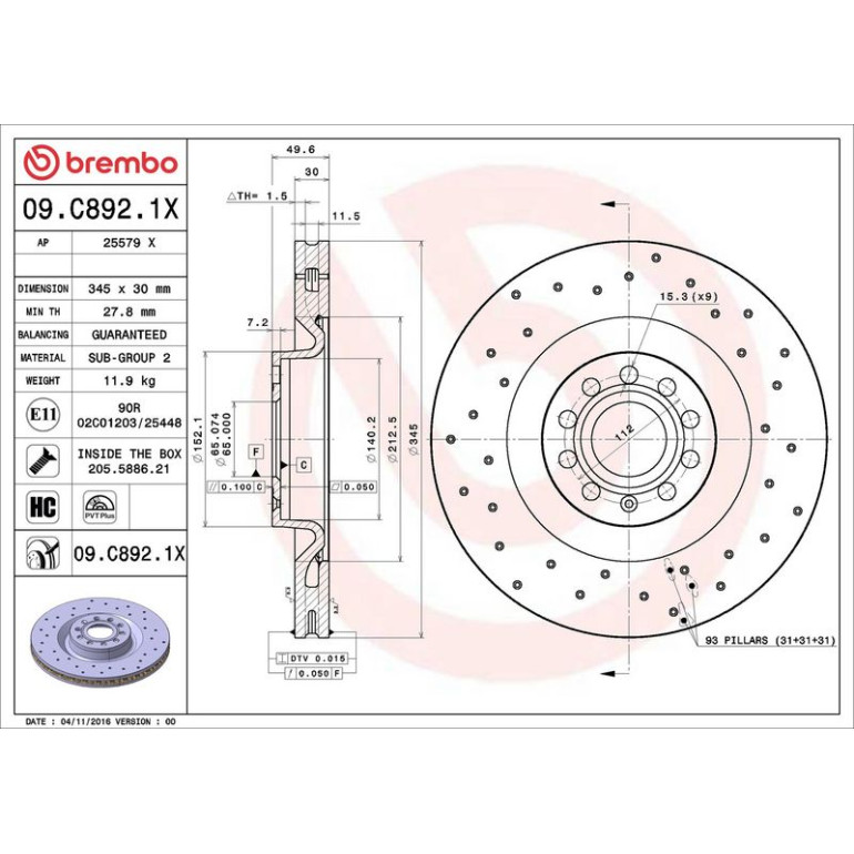 Bremsscheibe VA Xtra 09.C892.1X Bremsscheibe VA Xtra 09.C892.1X