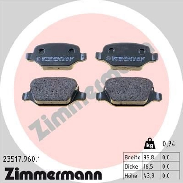 ZIMMERMANN Bremsbelagsatz, Scheibenbremse 23517.960.1 ZIMMERMANN Bremsbelagsatz, Scheibenbremse 23517.960.1