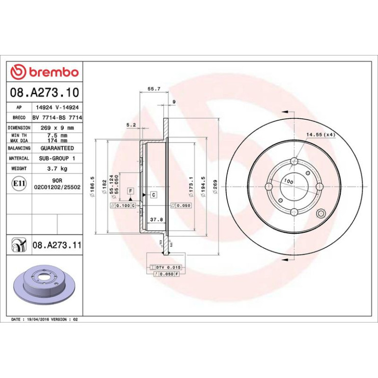 82 482 024 Bremsscheibe HA 08.A273.10 82 482 024 Bremsscheibe HA 08.A273.10