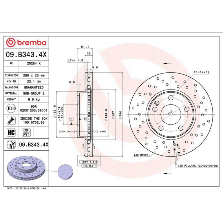 BREMBO Bremsscheibe XTRA VA 09.B343.4X BREMBO Bremsscheibe XTRA VA 09.B343.4X