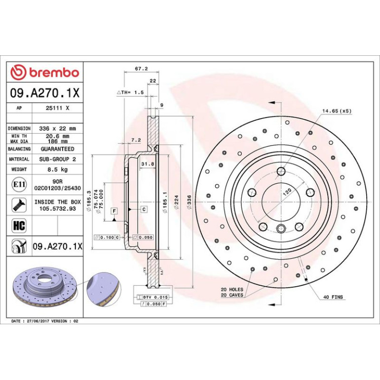 Bremsscheibe HA Xtra 09.A270.1X Bremsscheibe HA Xtra 09.A270.1X
