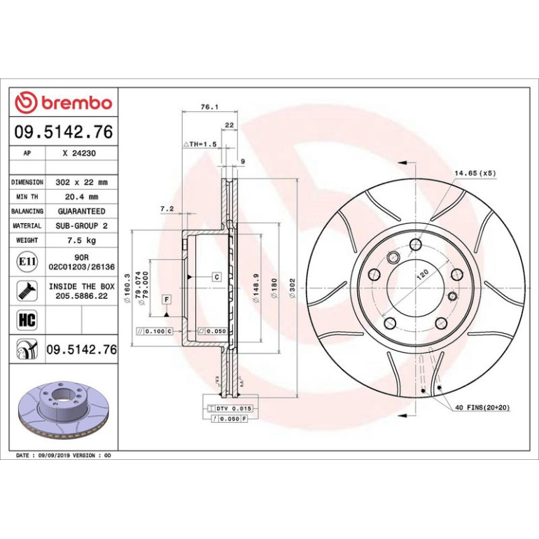 BREMBO Bremsscheibe 09.5142.76 BREMBO Bremsscheibe 09.5142.76