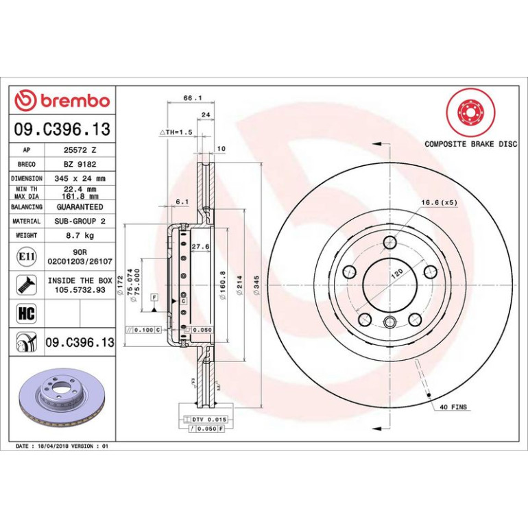 11 482 092 Brembo PREMIUM HA zweiteilig 09.C396.13 11 482 092 Brembo PREMIUM HA zweiteilig 09.C396.13