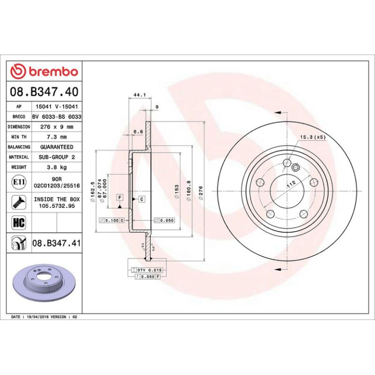 15 482 045 Bremsscheibe HA 08.B347.40 15 482 045 Bremsscheibe HA 08.B347.40