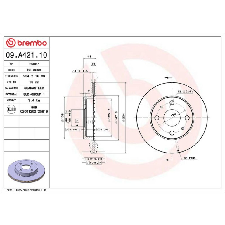 87 481 016 Bremsscheibe VA 09.A421.10 87 481 016 Bremsscheibe VA 09.A421.10