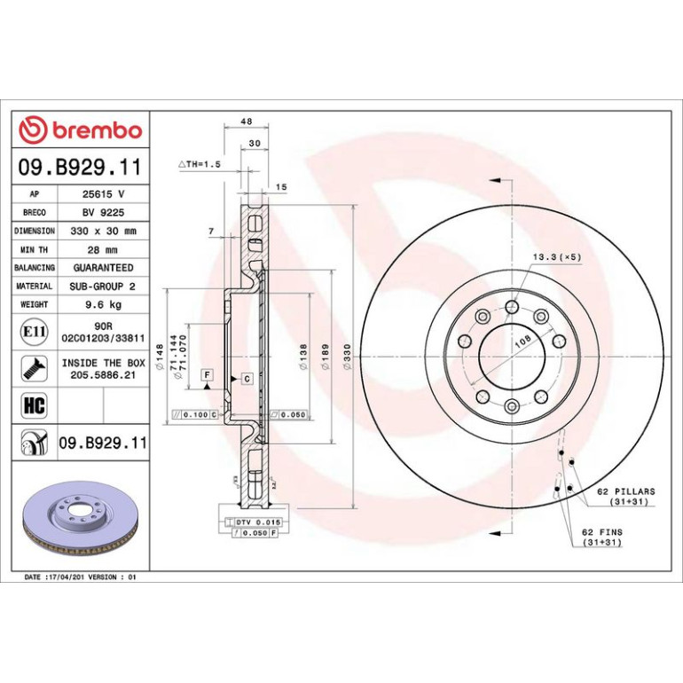 71 481 045 Bremsscheibe VA 09.B929.11 71 481 045 Bremsscheibe VA 09.B929.11