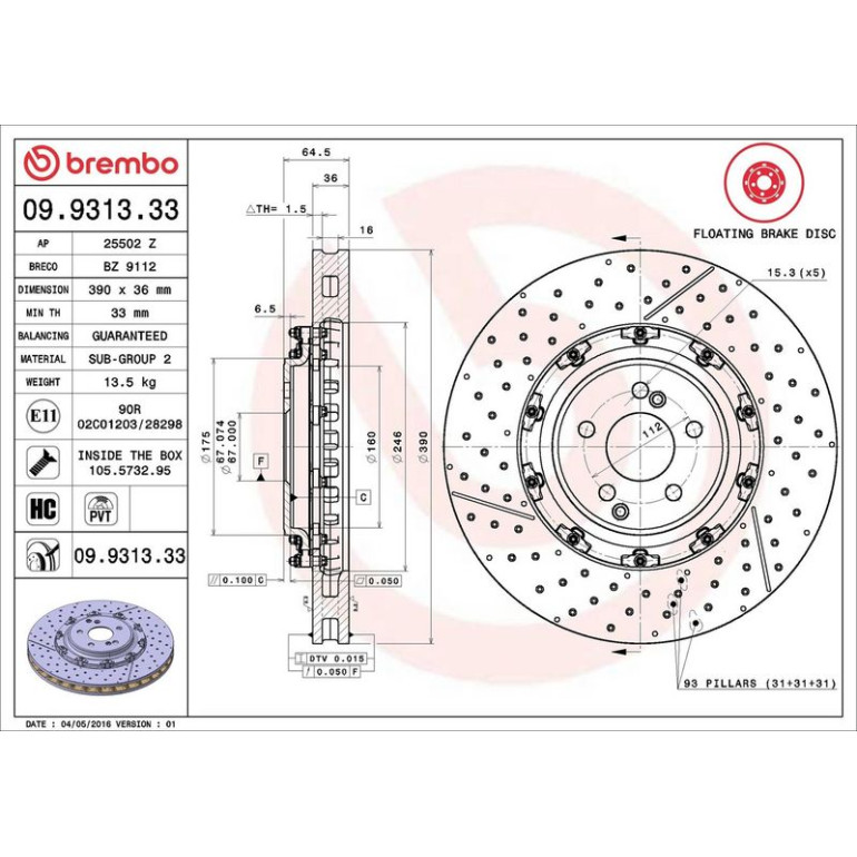 15 481 123 Brembo PREMIUM VA zweiteilig 09.9313.33 15 481 123 Brembo PREMIUM VA zweiteilig 09.9313.33