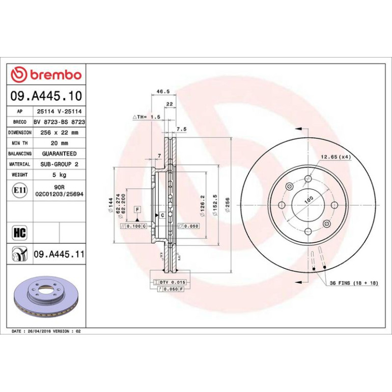 80 481 020 Bremsscheibe VA 09.A445.11 80 481 020 Bremsscheibe VA 09.A445.11