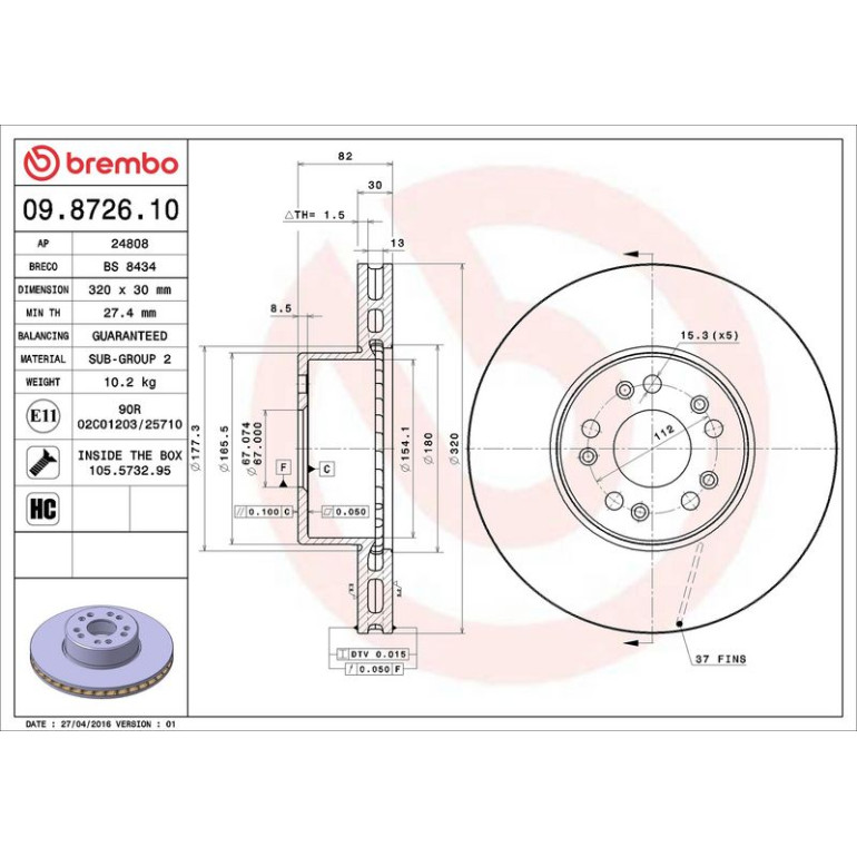 15 481 038 Bremsscheibe VA 09.8726.10 15 481 038 Bremsscheibe VA 09.8726.10