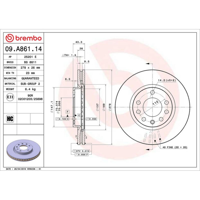10 481 045 Bremsscheibe VA 09.A861.14 10 481 045 Bremsscheibe VA 09.A861.14