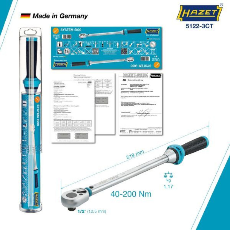 Hazet Drehmomentschlüssel 5122-3Ct Min.Max. Nm: 40-200 Nm Toleranz: 3 % Vierkantstift, Massiv 12,5 mm (1/2'') 5122-3CT Hazet Drehmomentschlüssel 5122-3Ct Min.Max. Nm: 40-200 Nm Toleranz: 3 % Vierkantstift, Massiv 12,5 mm (1/2'') 5122-3CT