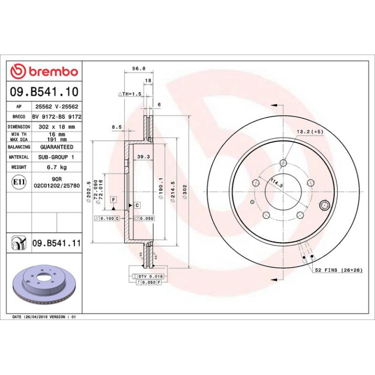 83 482 027 Bremsscheibe HA 09.B541.11 83 482 027 Bremsscheibe HA 09.B541.11