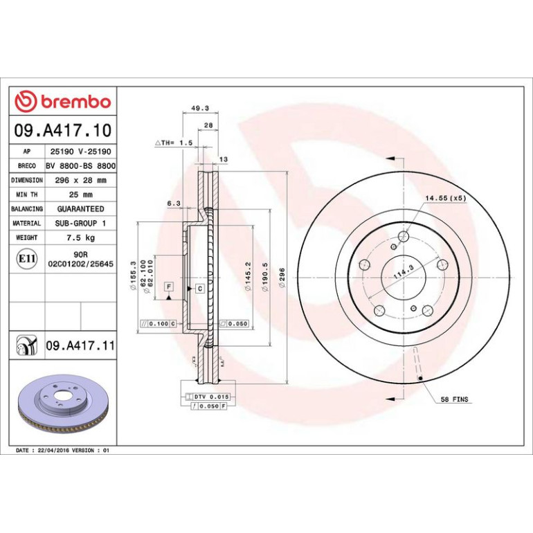 82 481 114 Bremsscheibe VA 09.A417.11 82 481 114 Bremsscheibe VA 09.A417.11