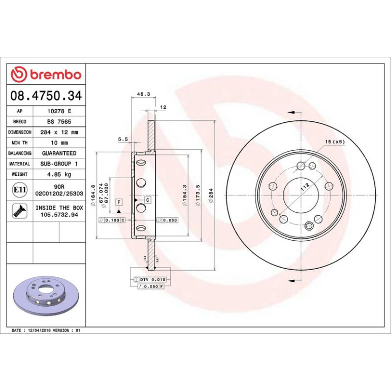 15 481 011 Bremsscheibe VA 08.4750.34 15 481 011 Bremsscheibe VA 08.4750.34