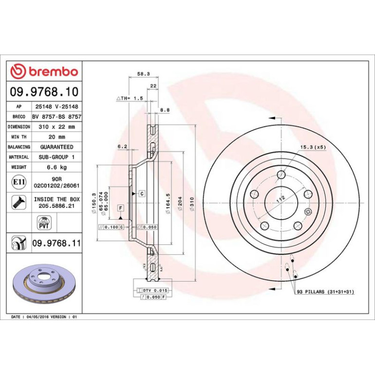 12 482 033 Bremsscheibe HA 09.9768.11 12 482 033 Bremsscheibe HA 09.9768.11
