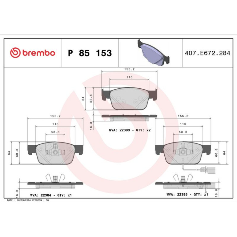 BREMBO Bremsklötze VA P 85 153 BREMBO Bremsklötze VA P 85 153