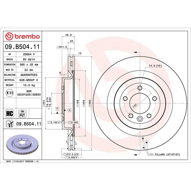 52 482 017 Bremsscheibe HA 09.B504.11 52 482 017 Bremsscheibe HA 09.B504.11