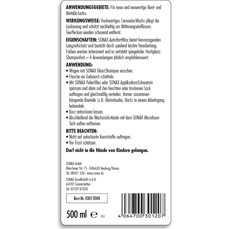 Sonax Auto Hartwax 500ml 03012000 Sonax Auto Hartwax 500ml 03012000