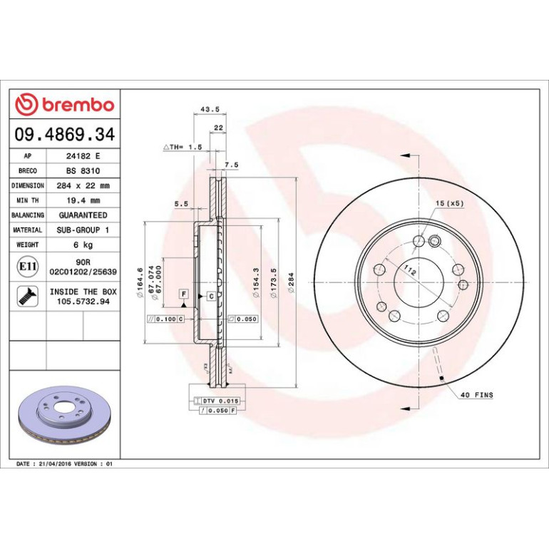 15 481 010 Bremsscheibe VA 09.4869.34 15 481 010 Bremsscheibe VA 09.4869.34