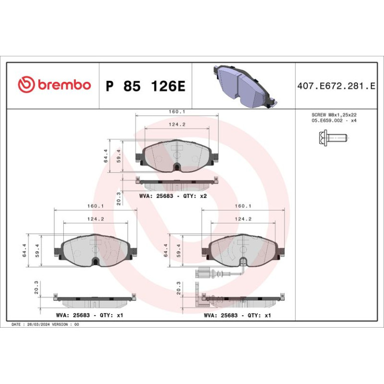 BREMBO Bremsbelagsatz, Scheibenbremse P 85 126E BREMBO Bremsbelagsatz, Scheibenbremse P 85 126E