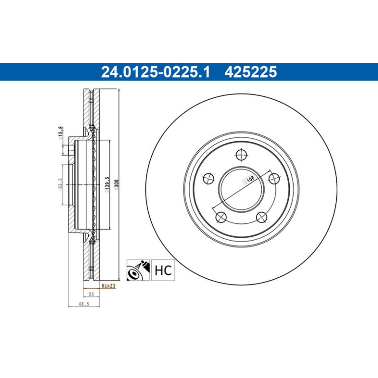 ATE Bremsscheibe 24.0125-0225.1 ATE Bremsscheibe 24.0125-0225.1
