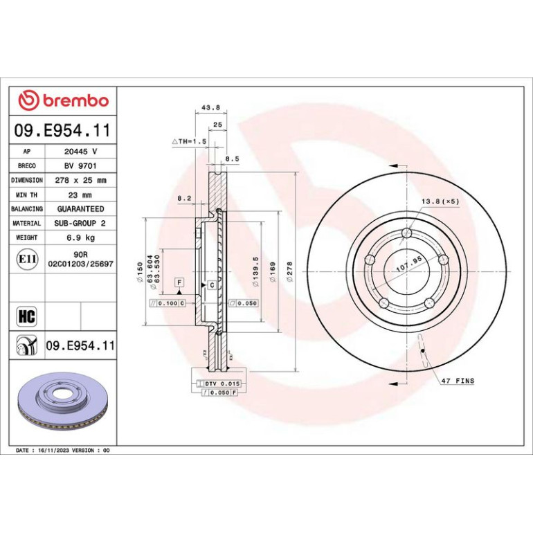 BREMBO Bremsscheibe 09.E954.11 BREMBO Bremsscheibe 09.E954.11