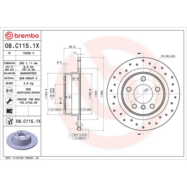 Bremsscheibe HA Brembo Xtra 08.C115.1X