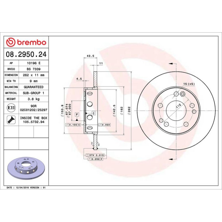 15 481 009 Bremsscheibe VA 08.2950.24 15 481 009 Bremsscheibe VA 08.2950.24